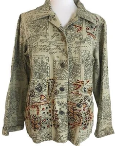 Units Womens Jacket Size Medium Beige Black Embroidered Geometric Abstract - Picture 1 of 12