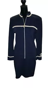 St. John Marie Gray Navy Blue SJ Crest 2 Piece Skirt Suit Set Size 4/ S EUC - Picture 1 of 6