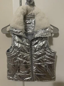 Jou Jou Girls Silver Puffed Full Zip Faux Fur Collar Pockets Lined Vest Jacket S - Picture 1 of 5