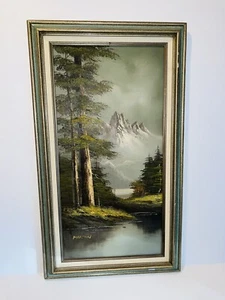 Oil Painting of Water, Mountains and Pine Trees Landscape Signed Martin 29 x 17 - Picture 1 of 5