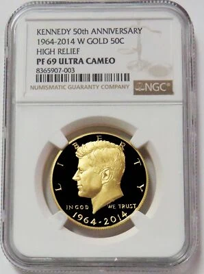 2014 W GOLD KENNEDY 50C ANNIVERSARY 3/4 OZ HIGH RELIEF PROOF COIN NGC PF 69 UC - Image 1 of 2