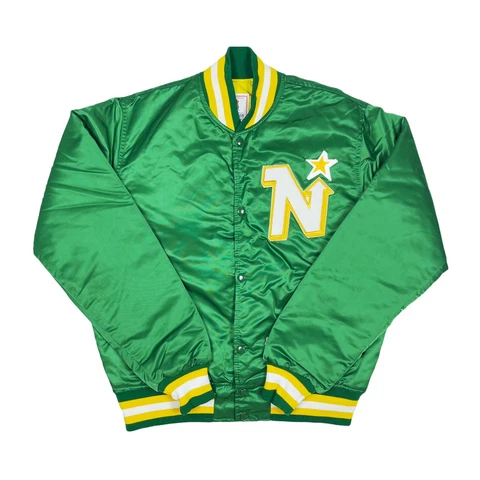 VTG RARE NHL MINNESOTA NORTH STARS GREEN SATIN STARTER BOMBER JACKET. MENS MED Cover