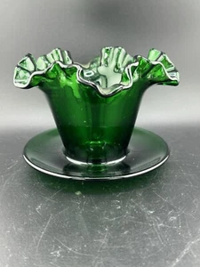 Fenton Emerald Green Glass Flower Pot Drilled Hole Double Ruffle Planter - Picture 1 of 10