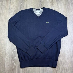 Lacoste Men’s Navy Blue V-Neck Tight Knitted Y2K Modern Pullover Sweater Size L - Picture 1 of 10