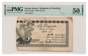 ITALIAN STATES (KINGDOM OF SARDINIA) banknote 50 Lire 1796 PMG AU 50 - Picture 1 of 7