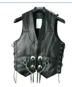 Herren Schwarz Leder Fransen Concho Kette Weste Motorrad Biker Größe XS bis 5XL - Bild 1 von 3