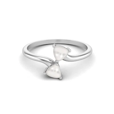 14k White Gold Trillion Cut Natural Pearl Double Stone Bypass Women Ring - Image 1 of 4