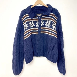 Vintage Y2K Navy Snowflake Striped Chunky Zip Cardigan Retro Cable Knit Sweater - Picture 1 of 6