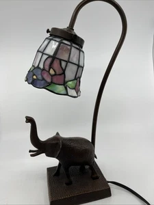Stained Slag Glass Tulip Gooseneck Desk Lamp 15” Elephant Heavy Metal Works - Picture 1 of 12