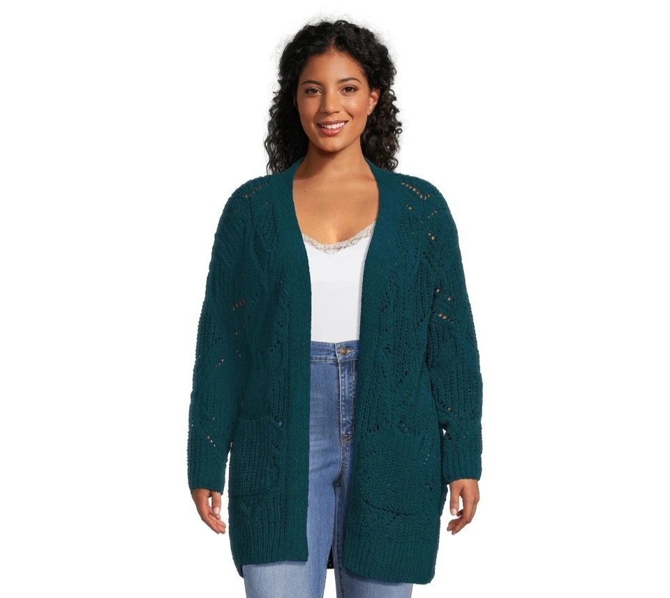Cárdigan plumero de chenilla talla grande Terra & Sky para mujer talla 2X 20W-22W verde  Foto 1 de 4