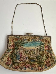 Vintage Hungarian Floral Needlepoint Frame Purse & Coin Purse 7x5 Gold Chain Bag - Picture 1 of 15