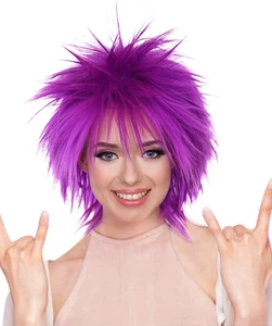 Peluca de neón funky punk para mujer adulta - pelo sintético púrpura neón para Halloween y C - Imagen 1 de 12