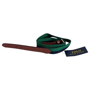 POLO RALPH LAUREN Mens Belt Green Navy Grosgrain Stretch Cotton Leather $65 - Picture 1 of 4