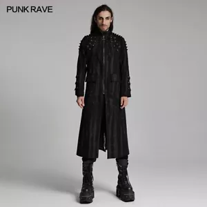 Punk Rave Men Black Gothic Doomsday Punk Studded Printed Vintage Long Coat - Picture 1 of 20