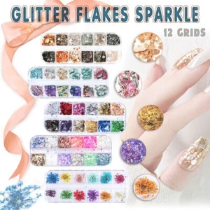 Nail Art Foil Flakes Set 12Colours Thin Glitter Sheets Mixed Confetti Decoratio - Picture 1 of 22