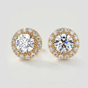 2.40 Ct Round-Cut VS1/G Lab Grown Diamond Halo Stud Earrings 14k Yellow Gold - Picture 1 of 2