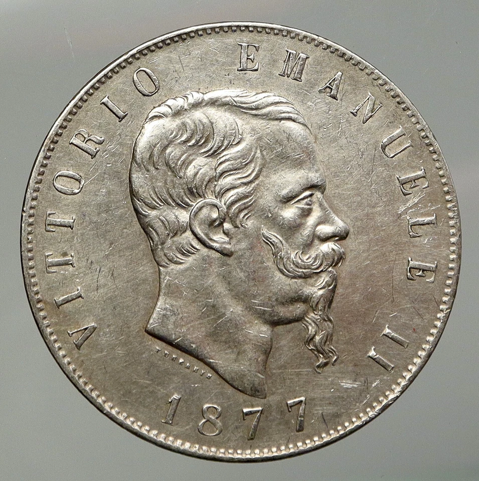 1877 ITALY King Victor Emmanuel II OLD Silver 5 Lire Antique ITALIAN Coin i92925 - Image 1 of 3