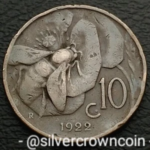 Italy 10 Centesimi 1922 R. KM#60. Bronze 10C Ten Cents coin. Honey Bee. Honeybee - Picture 1 of 7