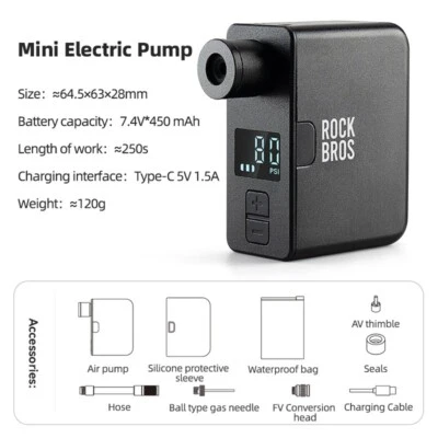 ROCKBROS Portable Mini Electric Bike Pump Bicycle Tire Inflator 120PSI USB-C - Image 1 of 4