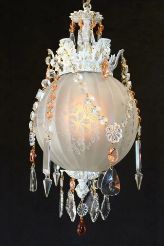 10 "x 19" Vintage Pink Crystal Chandelier, Floral Glass Globe, Whitewashed frame Cover
