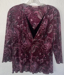 women's top Vol 1 PM Y2K Medium burgundy Black Paisley 3/4 sleeves Babydoll - Picture 1 of 11