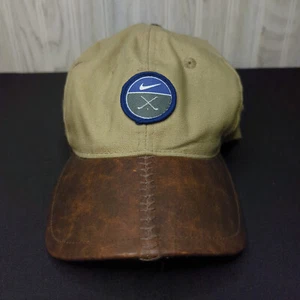 Vintage 90s Nike Golf Hat Cap Leather Brim Tan Blue Adjustable Strapback - Picture 1 of 9