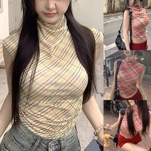 2025 Women's Slim Fit Plaid Vest Casual Turtleneck Top for Spring and Summer - Picture 1 of 41