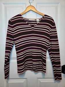 Top Liz Claiborne Crazy Horse scollo a V manica lunga cotone a righe L anni 90 Y2k Preppy - Foto 1 di 6