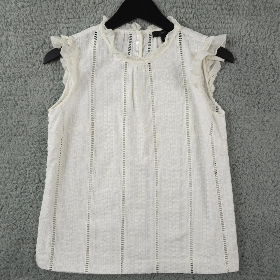 J Crew Shirt Womens 2 Cream Eyelet Ruffle Mock Neck Sleeveless Top Blouse FLAW - Image 1 of 4
