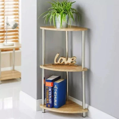 3-Tier Corner Shelf Beside Table Storage Shelves Unit Oak Finish & Metal Leg - Image 1 of 4