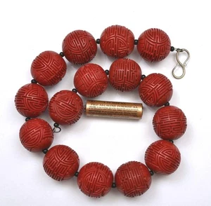 Chinese Silver Cinnabar Lacquer Carved Shou Longevity 30MM Bead Necklace 154G - Picture 1 of 6