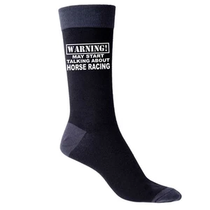 Warning May Talk About Horse Racing Men's Black Novelty Socks Birthday Gift - Picture 1 of 6