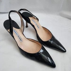 Manolo Blahnik Carolyne 70 Leather Slingback Pumps Women's 10 Black Pointed Toe - Picture 1 of 11