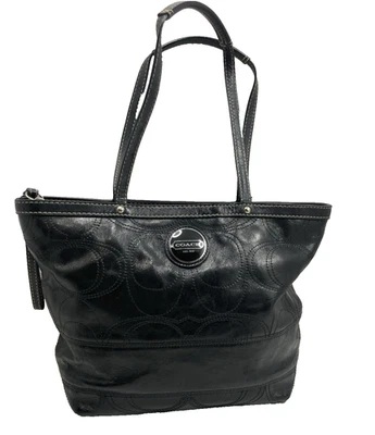 Bolso de hombro doble Coach F15142 Signature Logo charol negro puntada Foto 1 de 4