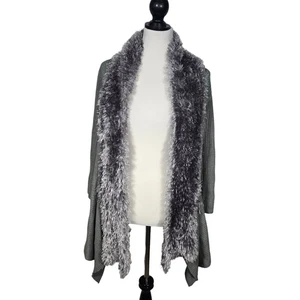 Lauren Michelle Woman 1X Gray Open Front Knit Cardigan with Faux Fur Trim - Picture 1 of 7