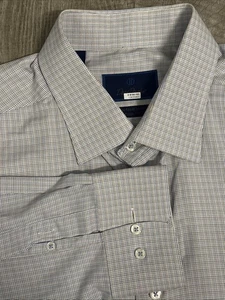 Camicia elegante David Donahue uomo 18 34/35 blu oro a quadri performance orlo fit - Foto 1 di 11