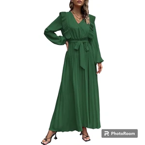Women Elegant V Neck Ruffle Long Lantern Sleeve Pleated Maxi Dress Green sz M - Picture 1 of 10