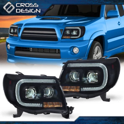 Fit For 2005-2011 Toyota Tacoma Smoked LED Tube Dual Projector Headlights Lamps  - Image 1 of 4