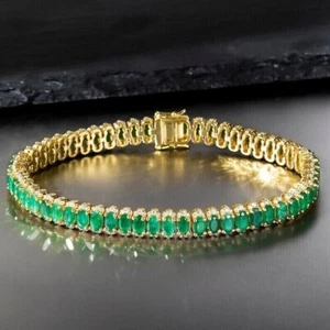 Oval Natural Certified Green Emerald Bracelet For Best frien In 14Kt Yellow Gold - Picture 1 of 14