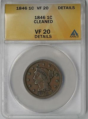 1846 1C ANACS VF 20 Details Braided Hair Large Cent - Image 1 of 2