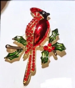 Cardinal Brooch Red Bird Enamel Rhinestone Pin Good Luck Animal New Year Gift - Picture 1 of 7