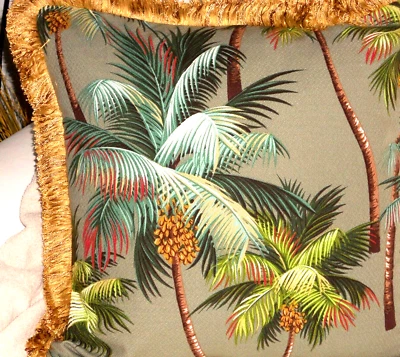 20" Tropical Cotton Barkcloth Fabric FRINGED FEATHER PILLOW ~Palm Tree- Aloe~ - Image 1 of 3