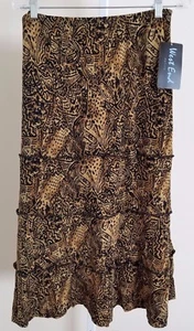 NEW WEST END brown black WILD THING tiered ruffled skirt BoHo travel stretch L - Picture 1 of 2