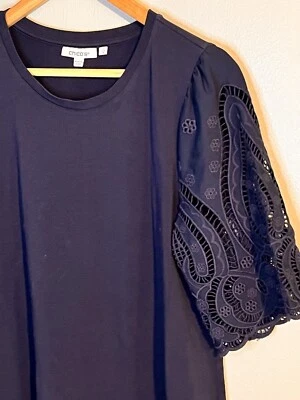 Vestido midi feminino NICE Chico’s 1 azul marinho renda crochê manga renda camiseta 8 - Imagem 1 de 4