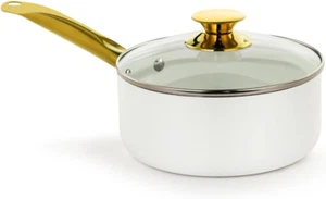 3.5QT White Ceramic Nonstick Saucepan with Lid, Gold Color and Stainless Steel - Picture 1 of 12