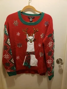 KOHLS Ugly Christmas Sweater Women’s Large red 3D Llama bell antlers Knit - Picture 1 of 7