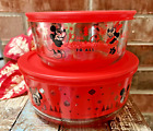 Pyrex Disney Holiday Mickey and Minnie Mouse CHRISTMAS Set/2 Glass Containers