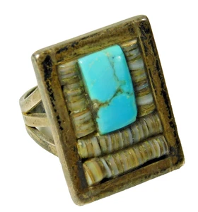 Vintage Türkis und Silber Shadowbox Stil Handwerker Ring Größe 5,25 - Bild 1 von 4