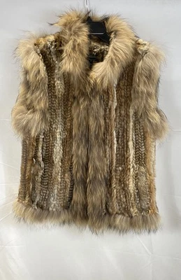 Overland Women's Brown Woven Rabbit Fur Raccoon Trim Vest Gilet Size M - Image 1 of 4