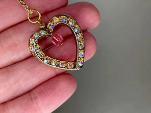 Vintage Heart Pendant Pink Aurora Borealis Rhinestones Double Sided Necklace - Picture 1 of 4